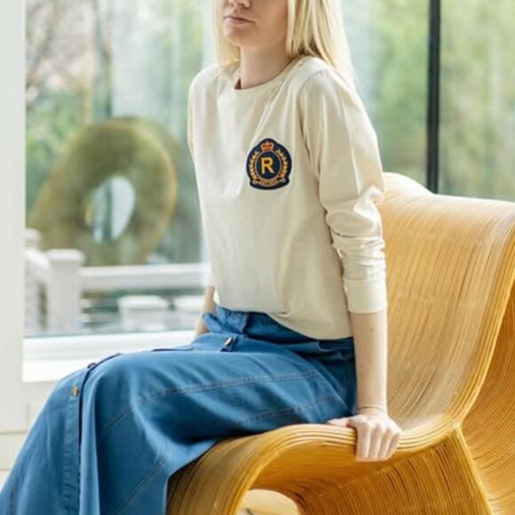 Rave On Trend Tan Patch Graphic Long Sleeve Tee Shirt XS Modest Casual - Picture 1 of 7